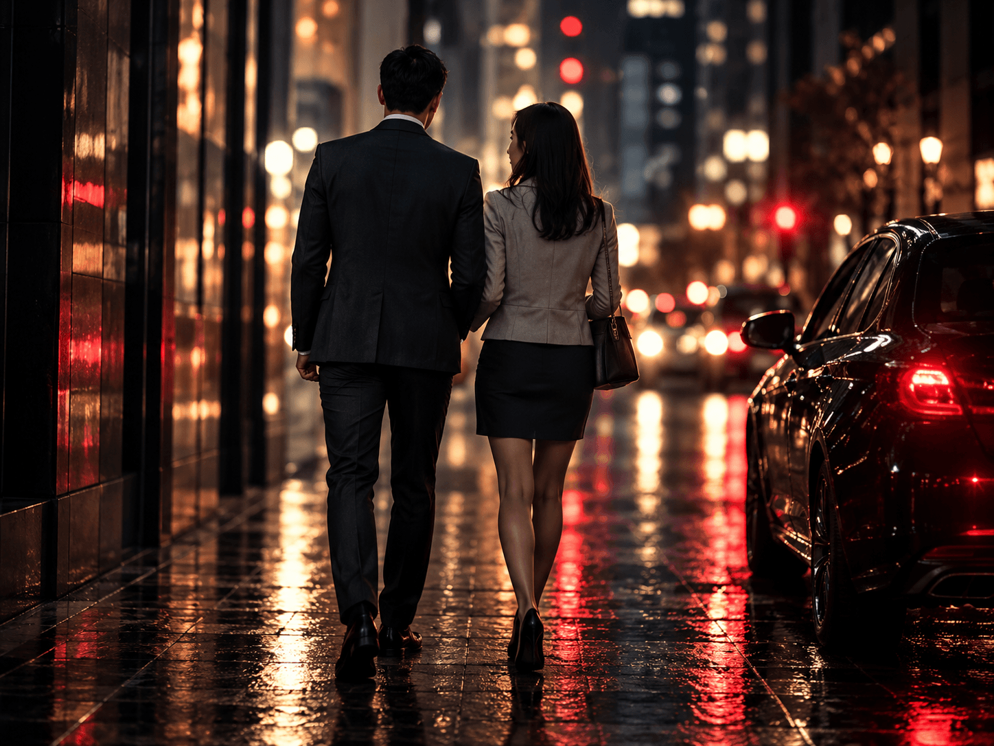 雨の夜の街を歩く男女
