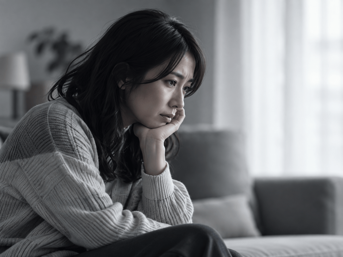窓辺で一人、物思いにふける女性