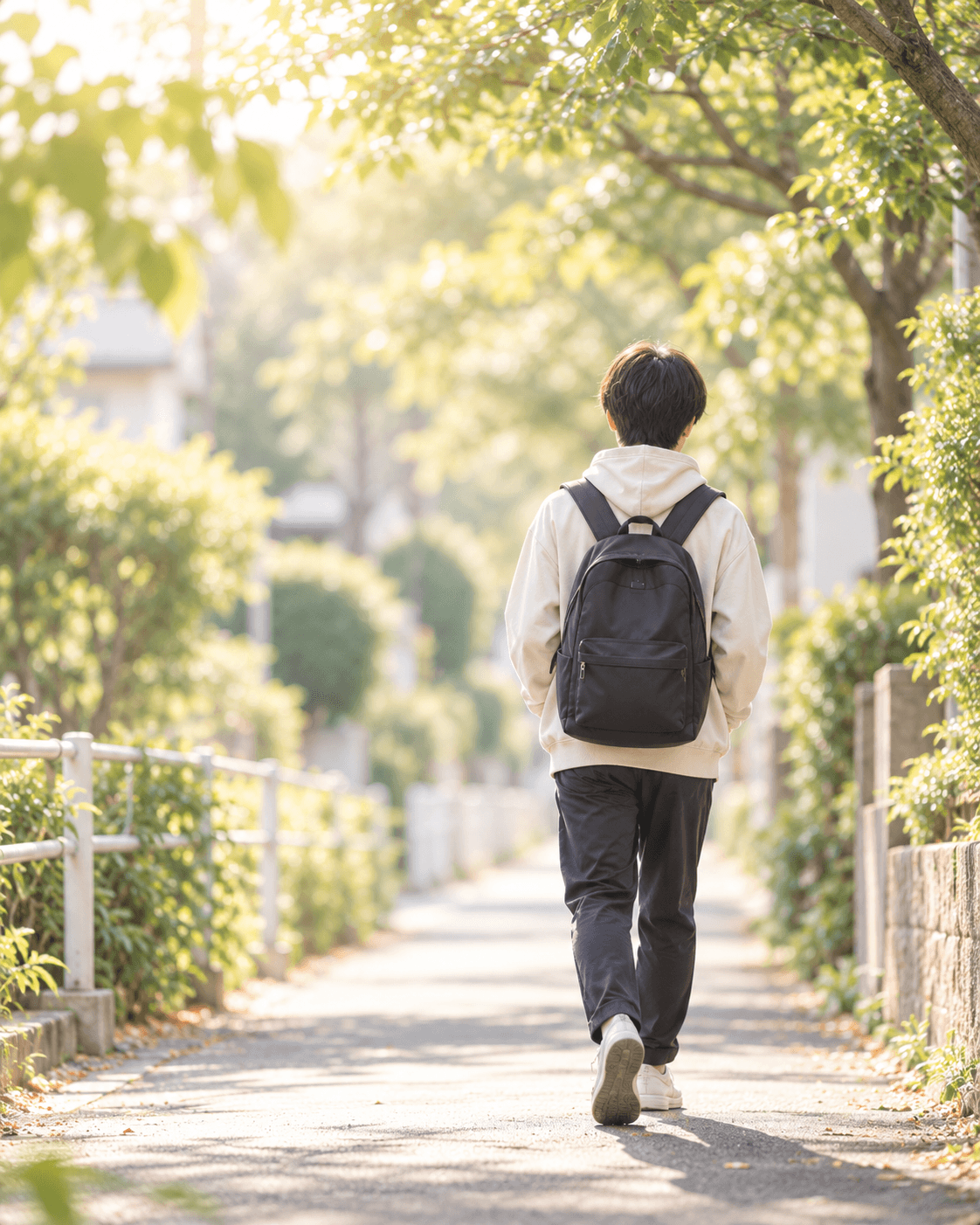 木漏れ日の道を歩く少年