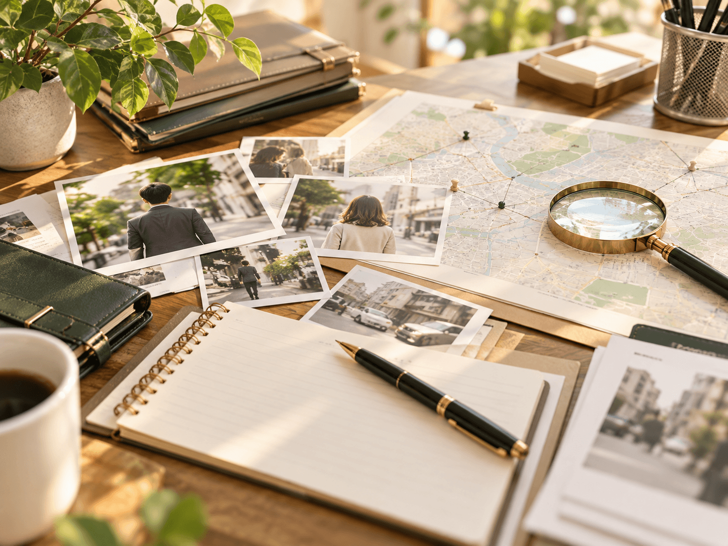 地図、写真、メモなどの調査資料